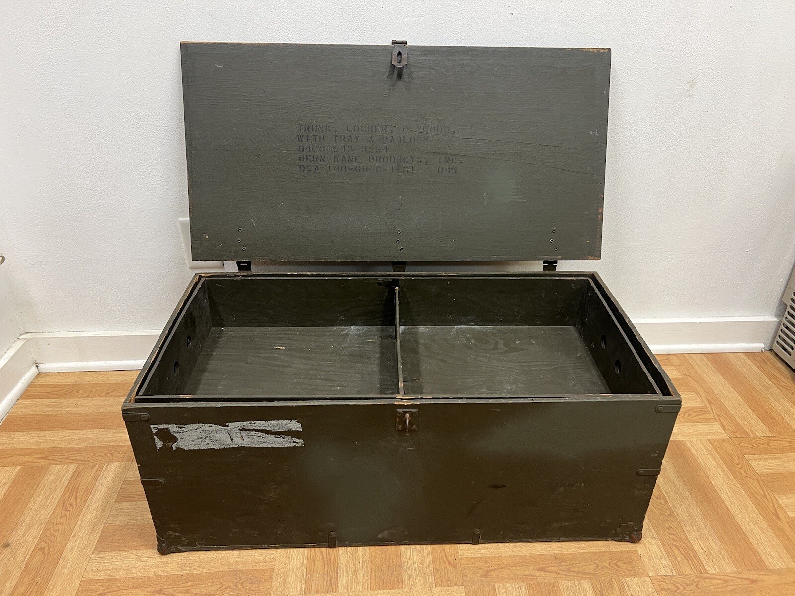 Vintage Military FOOT LOCKER w Tray Wood Trunk chest flat top storage