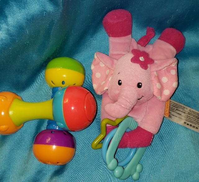 Infantino Pink Elephant Jingle Baby Toy & 2 Plastic Rattles MultiColors