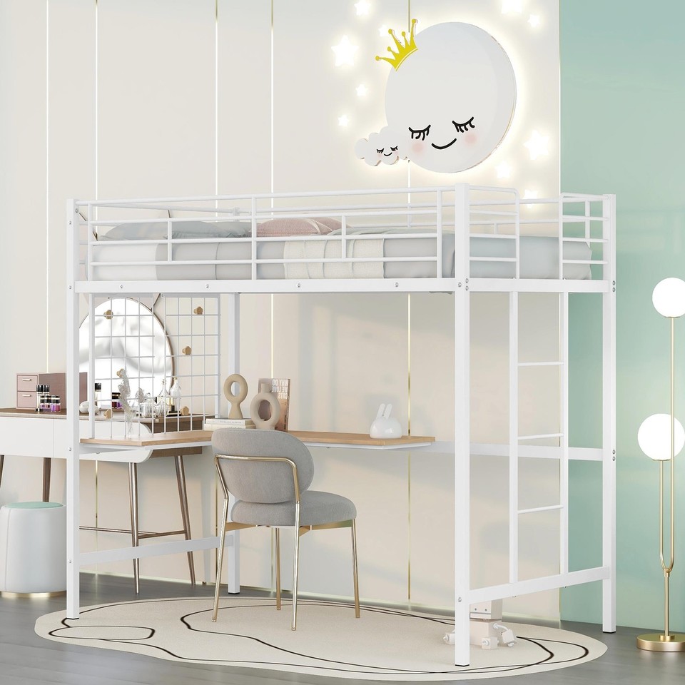 Twin Metal Loft Bed with Desk Space Saving White Design Stylish Grid