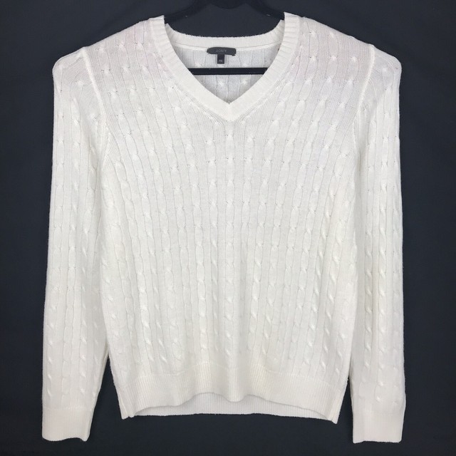 J Crew Mens White Ivory Wool Blend V Neck Cable Knit Sweater Size 2XL