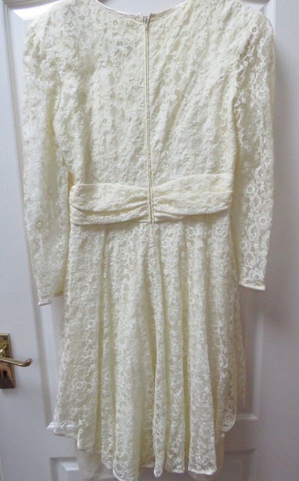 Vintage Frank Usher Wedding Dress Size 14 16 Cream Lace Modest Midi 80s