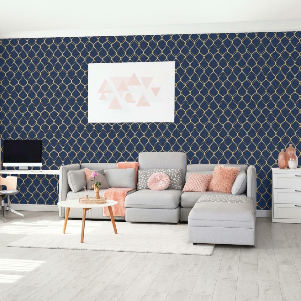 CLIFTON WAVE CURVED GEOMETRIC WALLAPPER WORLD OF WOW41964 NAVY & GOLD