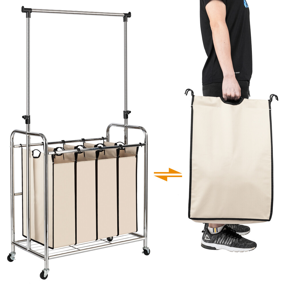4bags Electroplate Laundry Hamper Sorter Wheels Hanging Bar Laundry