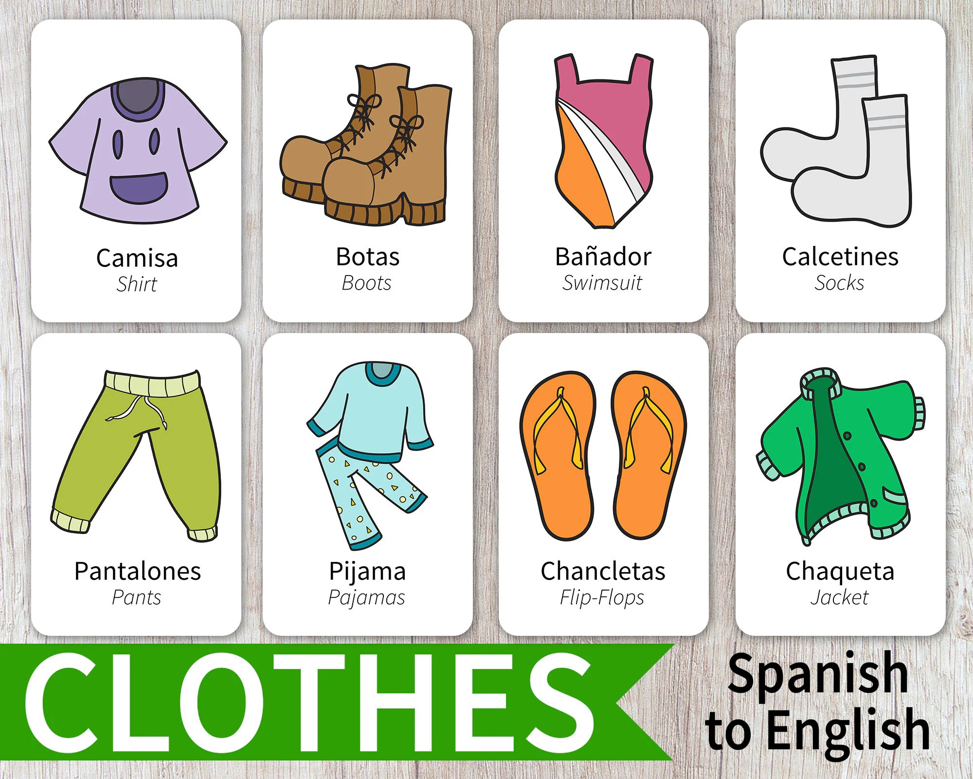22 Spanish & English Bilingual Clothes Flashcard Printable Etsy
