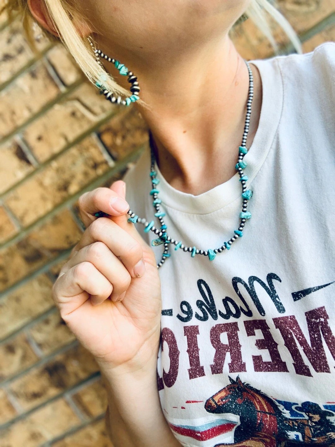 Faux Navajo Pearl Beaded Necklace With Faux Turquoise Stone Pendant