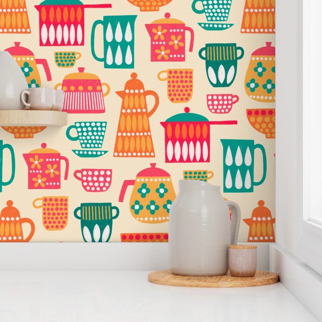 Vintage Kettles Wallpaper Retro Kitchen Pots by Aaron_gallen Retro
