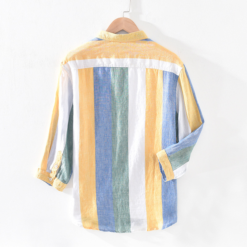 Buy 1828 Fresh Striped Linen Seven Sleeve Shirt Men's Loose Breathable