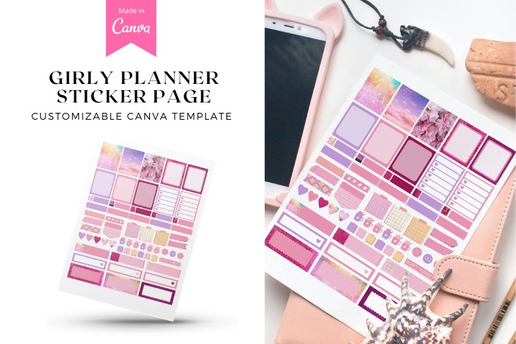 Girly Planner Sticker Canva Template, Customizable Canva