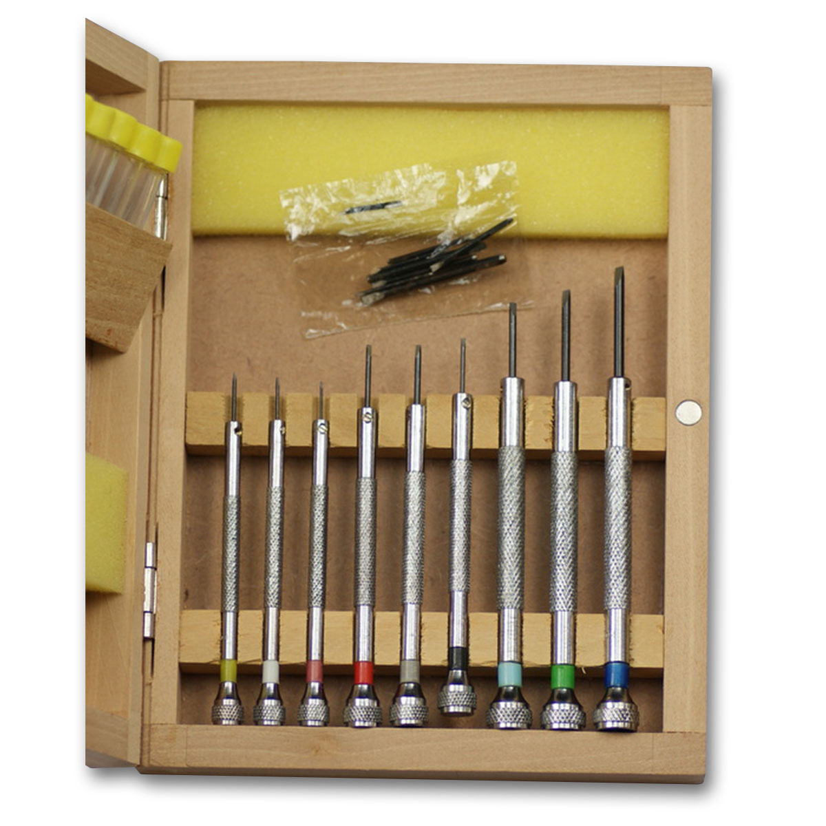 Watchmakers screwdrivers set PRO in wood case repairs tool spare blades