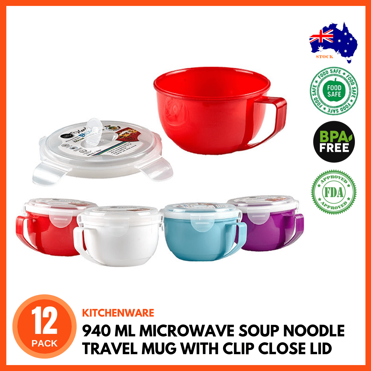 12 x 940ML MICROWAVE TRAVEL SOUP NOODLE MUGS w/ SNAP CLOSE LIDS BPA