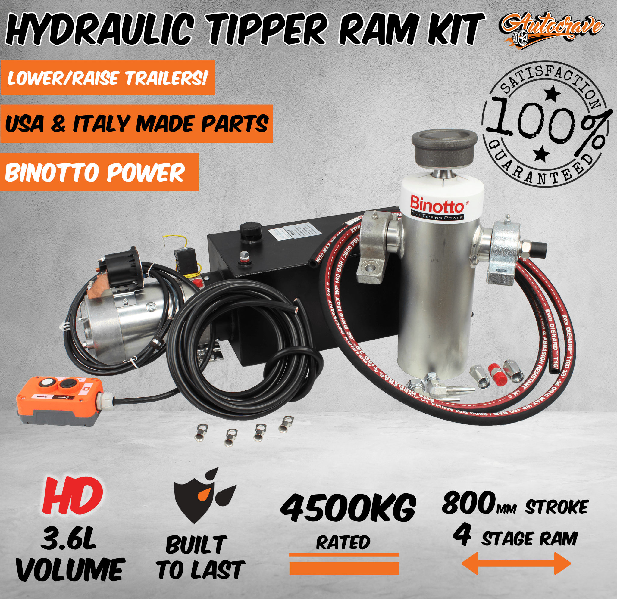 Hydraulic Ram Cylinder Tipper Trailer kit Pump 800mm stroke 4 stage