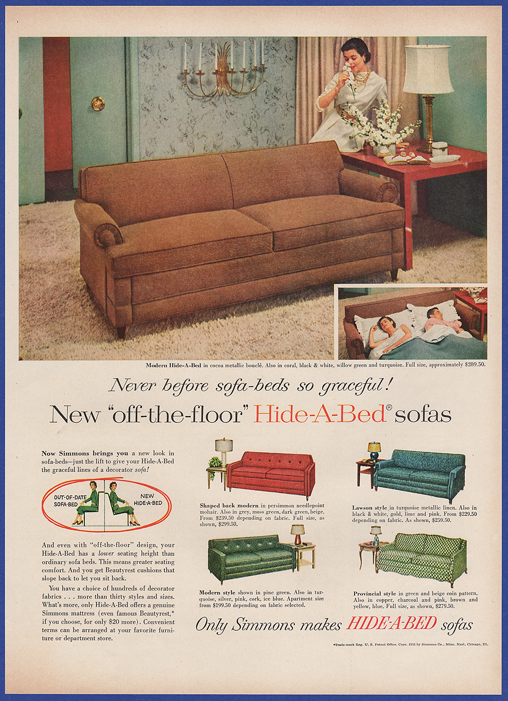 Vintage 1955 SIMMONS Modern HideABed Sofa Furniture Ephemera 50's