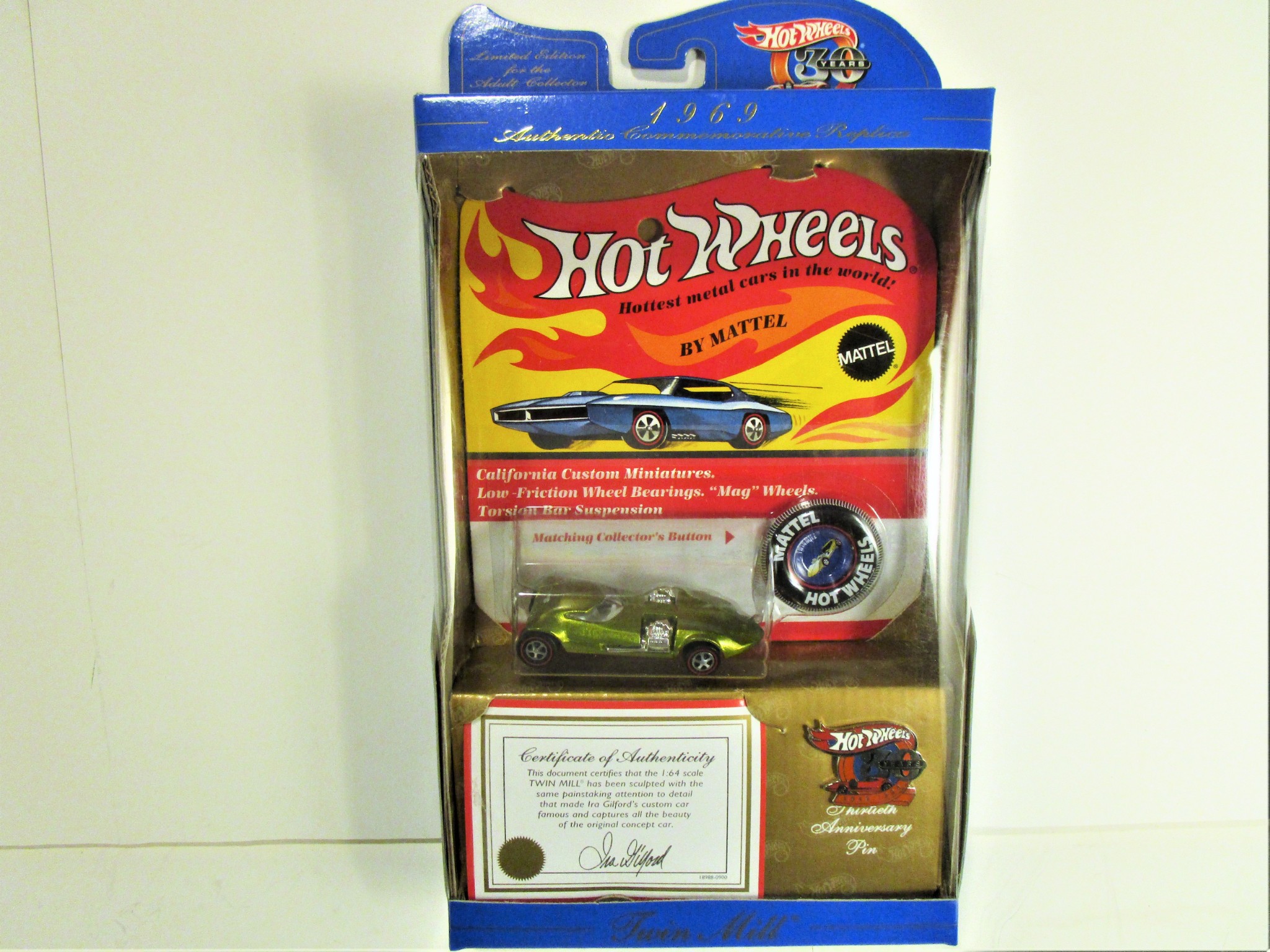 HOT WHEELS 1969 COMMEMORATIVE REPLICA TWIN MILL W/ BADGE & 30TH