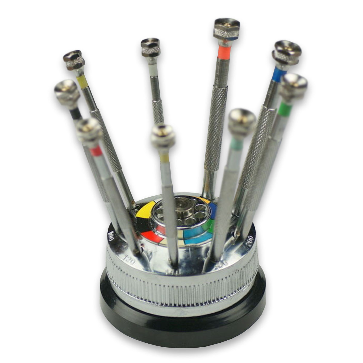 Watchmakers 9 screwdrivers set, french type with revolving base SPARE