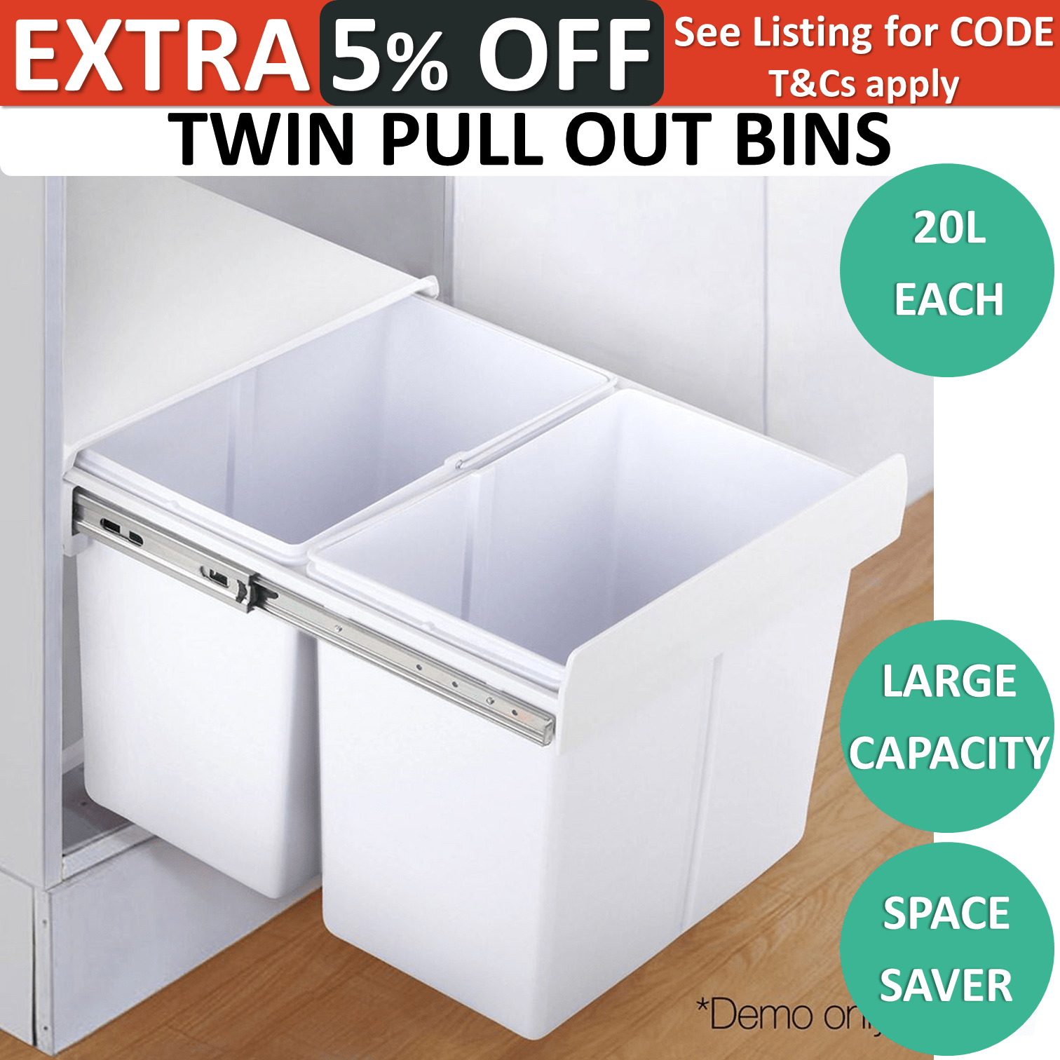 2 X Pull Out Kitchen Bin Twin Under Bench Sink Sliding Dual Waste Basket 20L eBay
