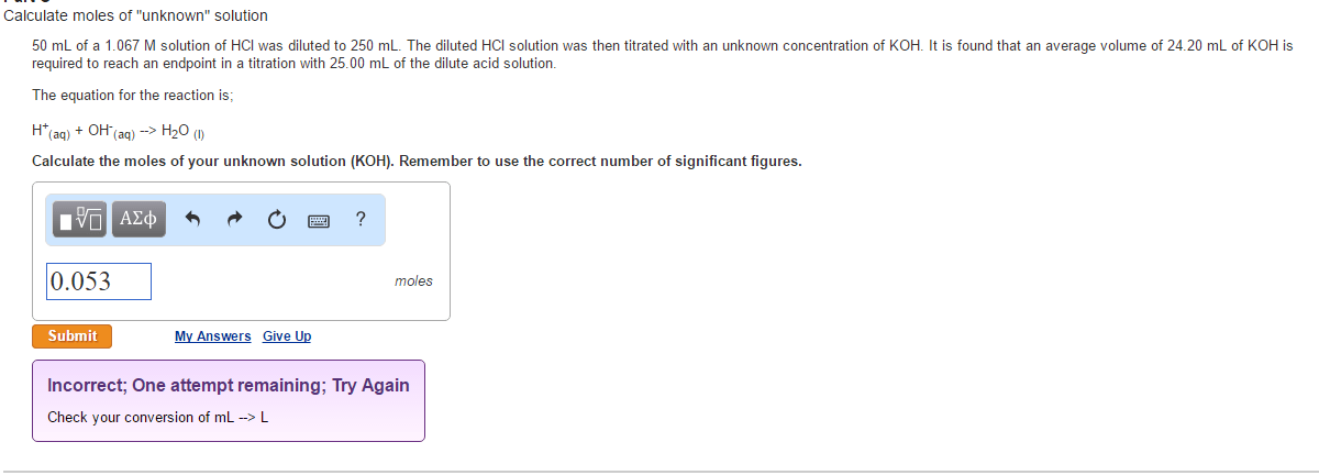 Solved Calculate Moles Of "unknown" Solution 50 ML Of A 1...