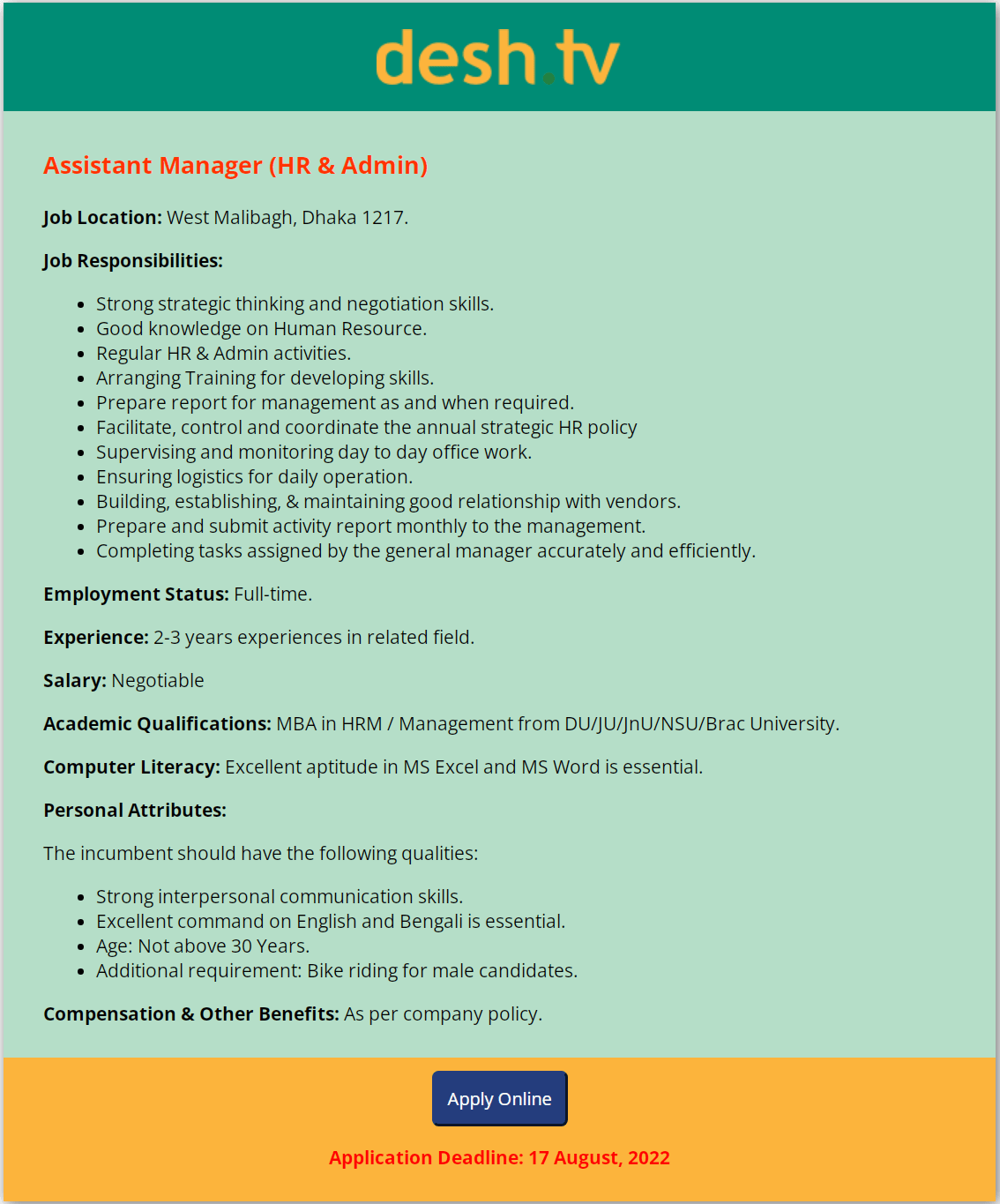 Desh TV Job Circular www.desh.tv Desh TV New job Circular