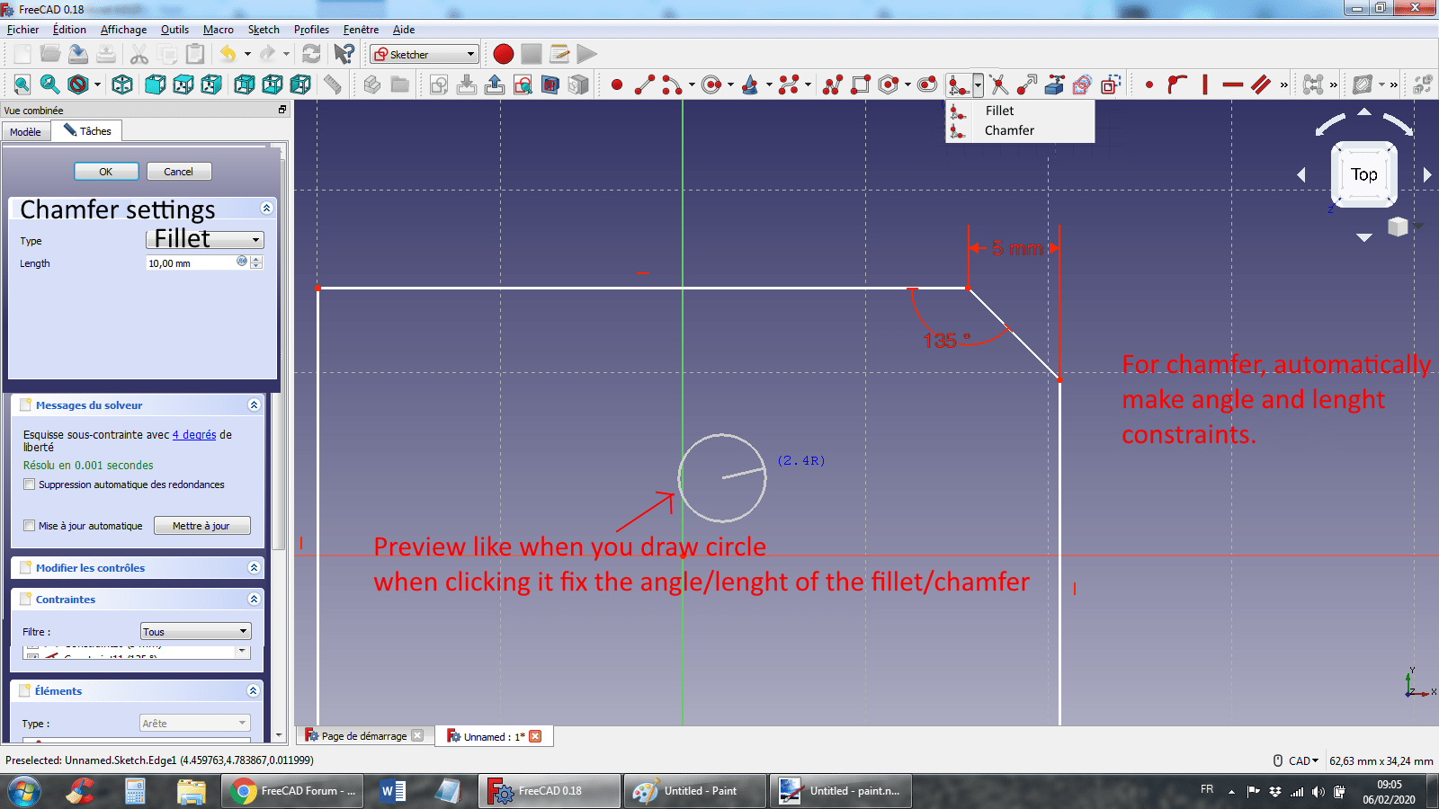 Feature request chamfer on sketch tool and fillet improvement