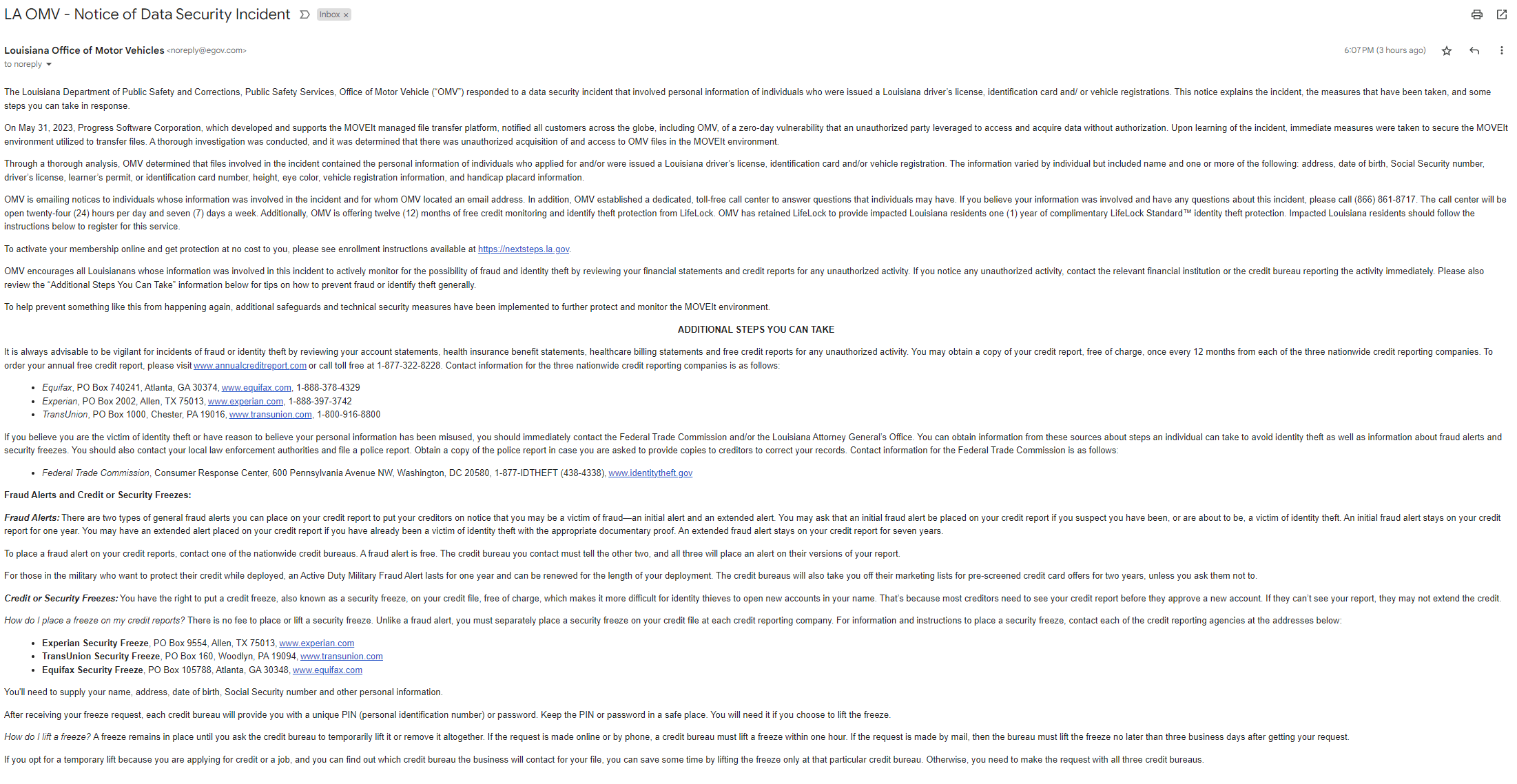 LA OMV Notice of Data Security Incident OT Lounge