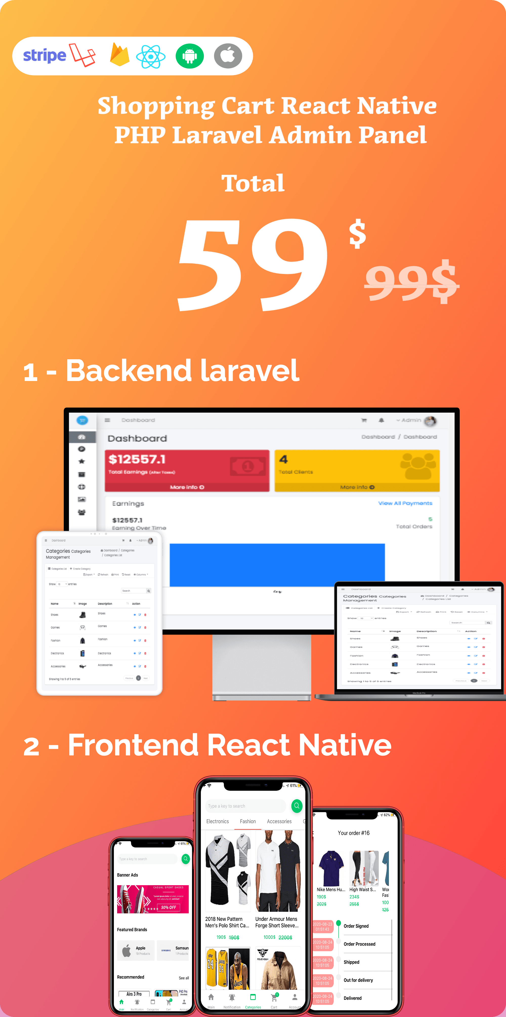 Shopping Cart React Native PHP Laravel Admin Panel Source code for sell