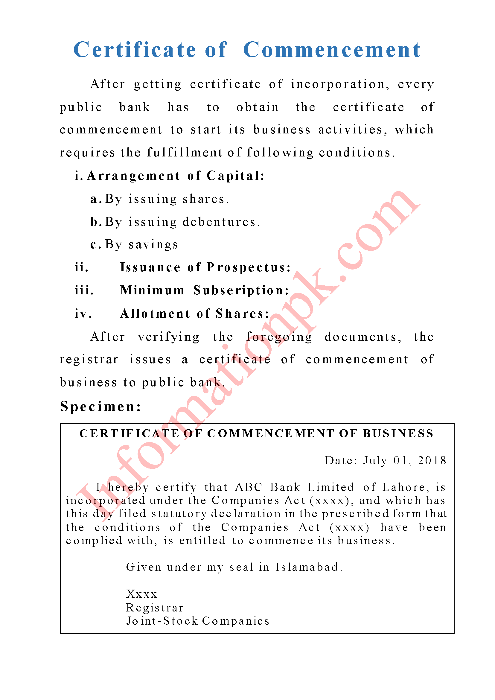 Certificate of Commencement of Bank Definition with Specimen