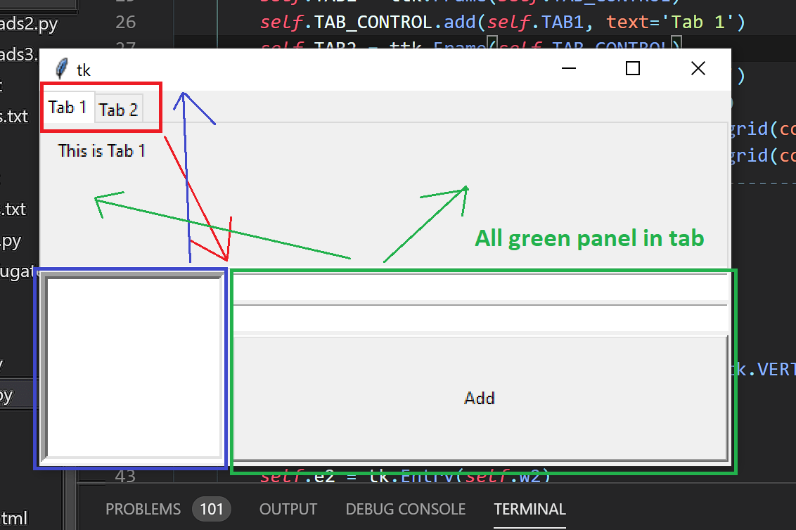 Need help please properly putting tabs within a PanedWindow