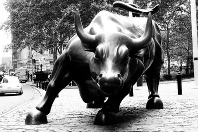 Wall Street Bull Black & White Canvas Wall Art by Unknown Artist iCanvas
