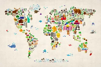 Animal Map Of The World Ii By Michael Tompsett (Canvas) Animal Map of The World II Canvas Print by Michael Tompsett iCanvas