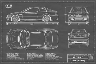 BMW M2 (E46) Black Canvas Print by Action Blueprints | iCanvas