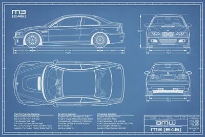 BMW M2 (E46) Blueprint Canvas Art Print by Action Blueprints | iCanvas