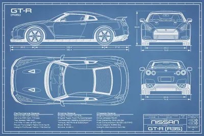 Nissan GTR (R35) Skyline Blueprint Canvas... Action Blueprints iCanvas