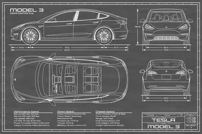 Tesla Model 3 (Performance) | Black Art Print | Action Blueprints | iCanvas