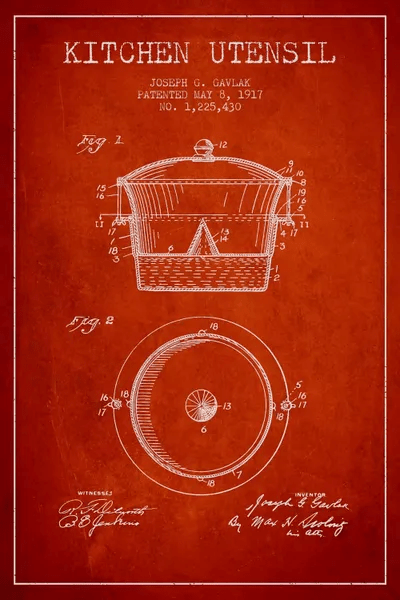 Kitchen Utensil Red Patent Blueprint Canvas Art Aged Pixel iCanvas
