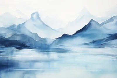 Watercolor Mountains On A Lake, Blue Landscap Canvas Print Ana Ozz