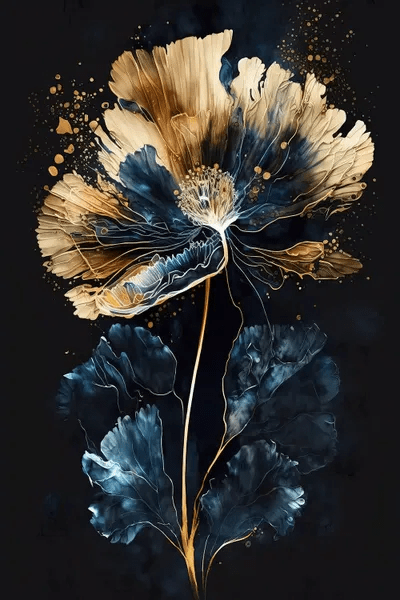 Elegant Blue Gold Flower Painting Art Print by Artsy Bessy iCanvas