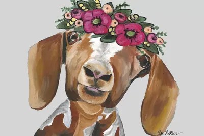 Goat Millie Flower Crown Gray Canvas Wa... Hippie Hound Studios iCanvas