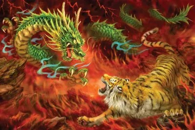 Dragon Vs Tiger On Fire Canvas Artwork by Kayomi Harai iCanvas