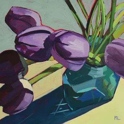 Violet Tulips On Grey Canvas Art by Mónica Linares iCanvas