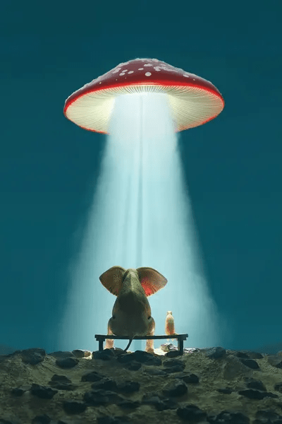 Elephant And Dog Look At A Flying Mushroom Art Art Print Mike Kiev
