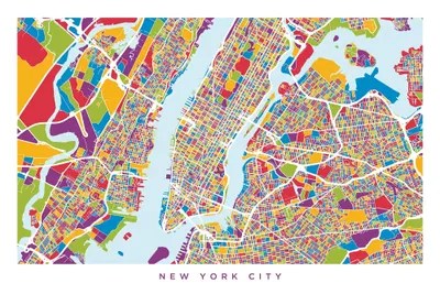 New York City Street Map, Color, Canvas Art Print Michael Tompsett