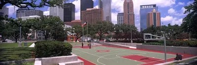 Basketball court with skyscrapers in the background, Houst Art Print