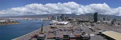 Cargo containers at a harborHonolulu, Oahu, Hawaii, USA Ar Art Print