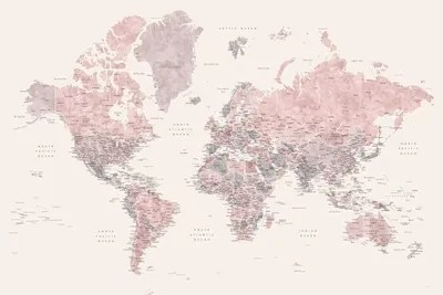 Pink And Grey World Map Canvas Detailed World Map, Madelia, In Dusty Pi - Canvas Wall Art | Blursbyai