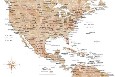 Map Of Usa And Caribbean Map Of The Usa And The Caribbean Area In - Canvas Wall Art | Blursbyai