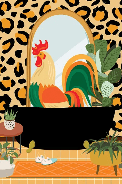 Rooster In Cheetah Bathroom Decor Ar Art Print Jania Sharipzhanova