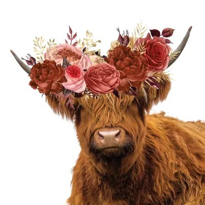 Highland Cow In Flower Garlan Canvas Art Print Jania Sharipzhanova