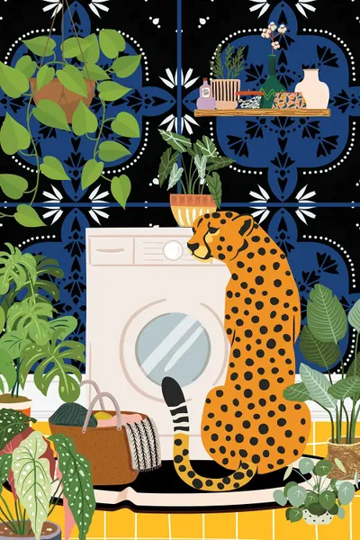 Cheetah In Laundry Room Moroc Canvas Artwork Jania Sharipzhanova