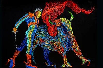 Matador Bull Fighting Painting, Spanish Canvas Art Viola Painting