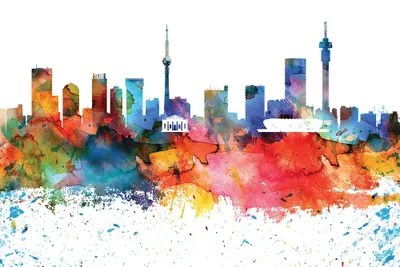 Johannesburg Colorful Watercolor Skylin Canvas Art WallDecorAddict