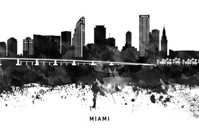Miami Skyline Black & White Canvas Print by WallDecorAddict iCanvas